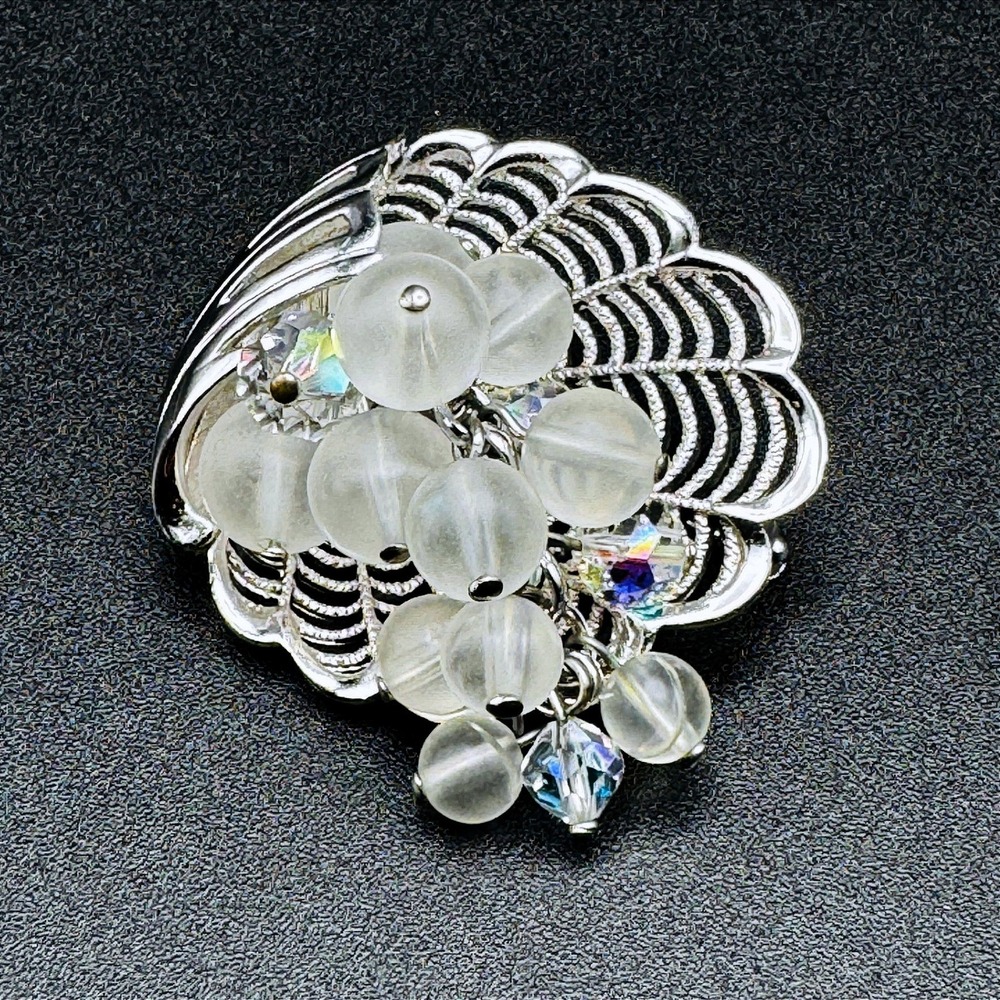 Vintage Park Lane Leaf Brooch Frosted Bead AB Crystal Silver Tone‎ Pin Signed